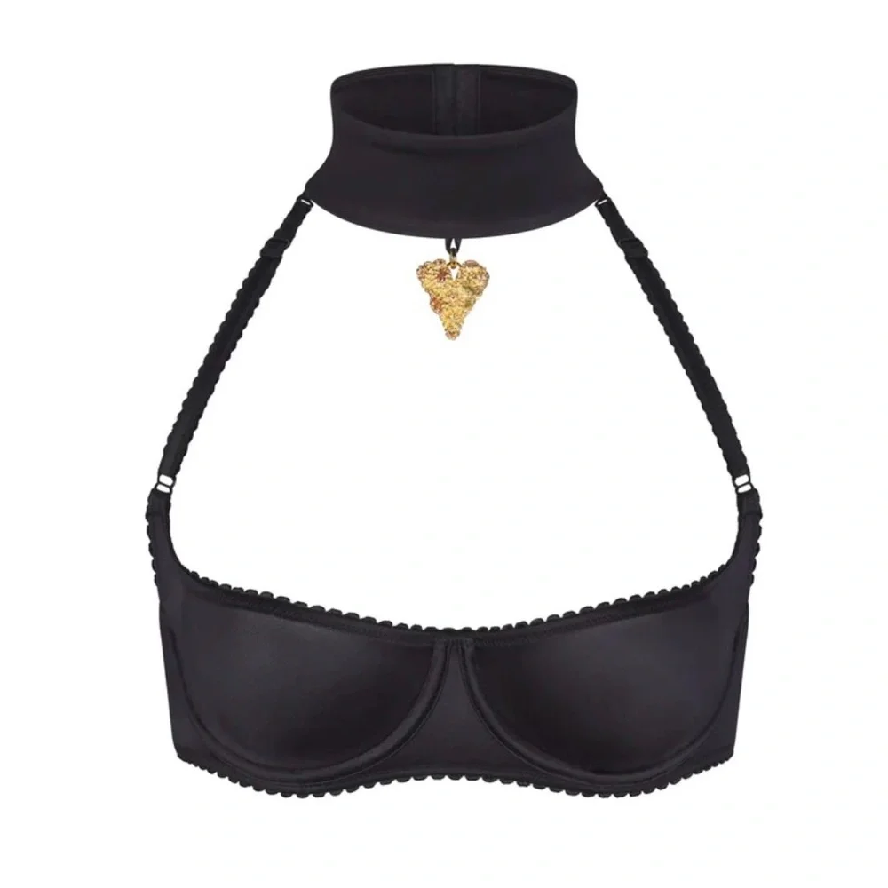 SKIMS bra in black satin with heart charm choker. Size 42D. New!